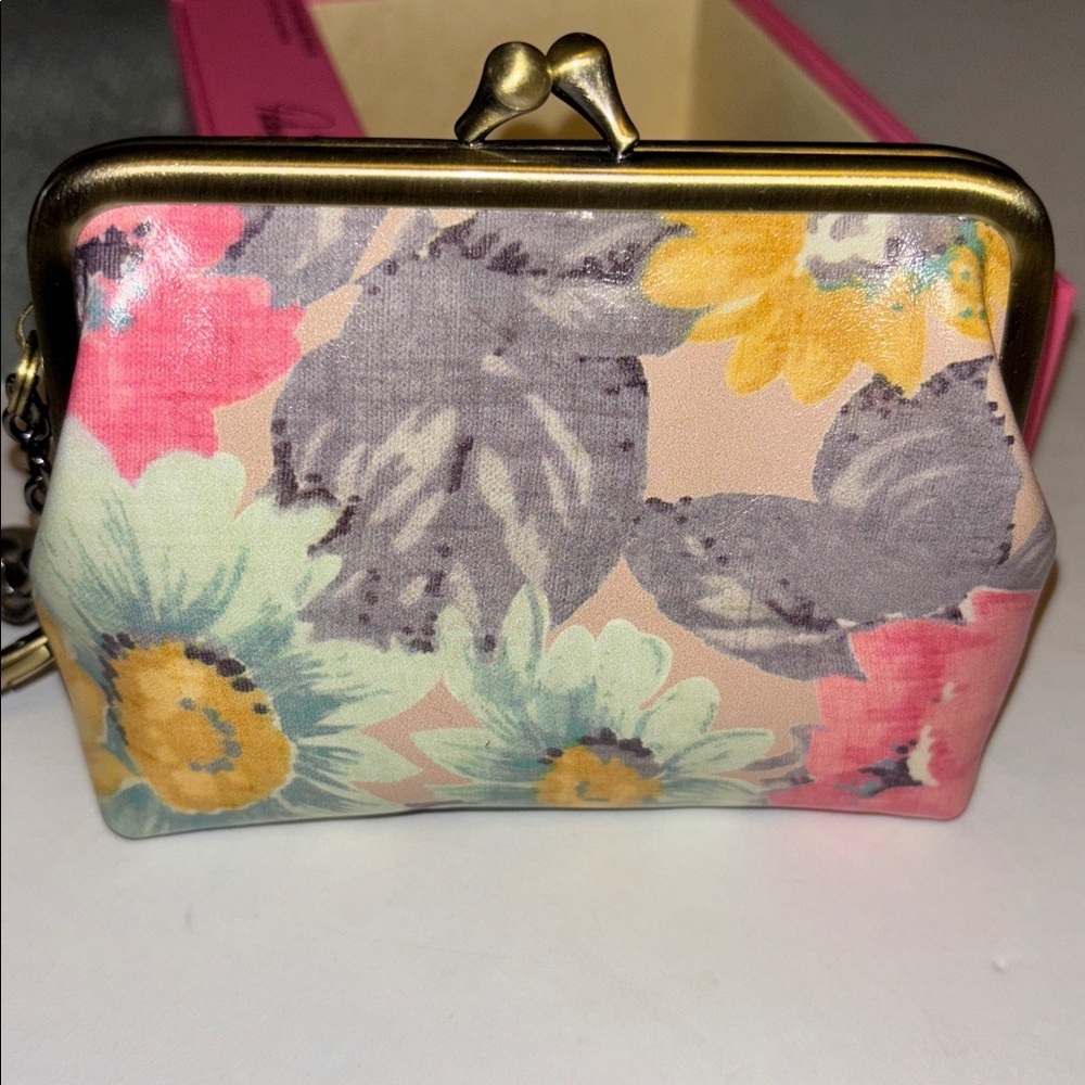 PATRICIA NASH MULTICOLOR FLORAL FRAME POUCH WITH KEY RINGS GENUINE LEATHER NEW